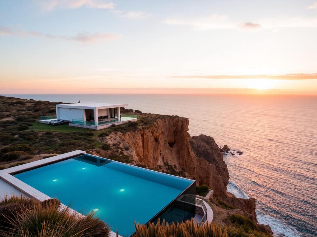 A modern clifftop house above the sea on the Costa Blanca at dusk