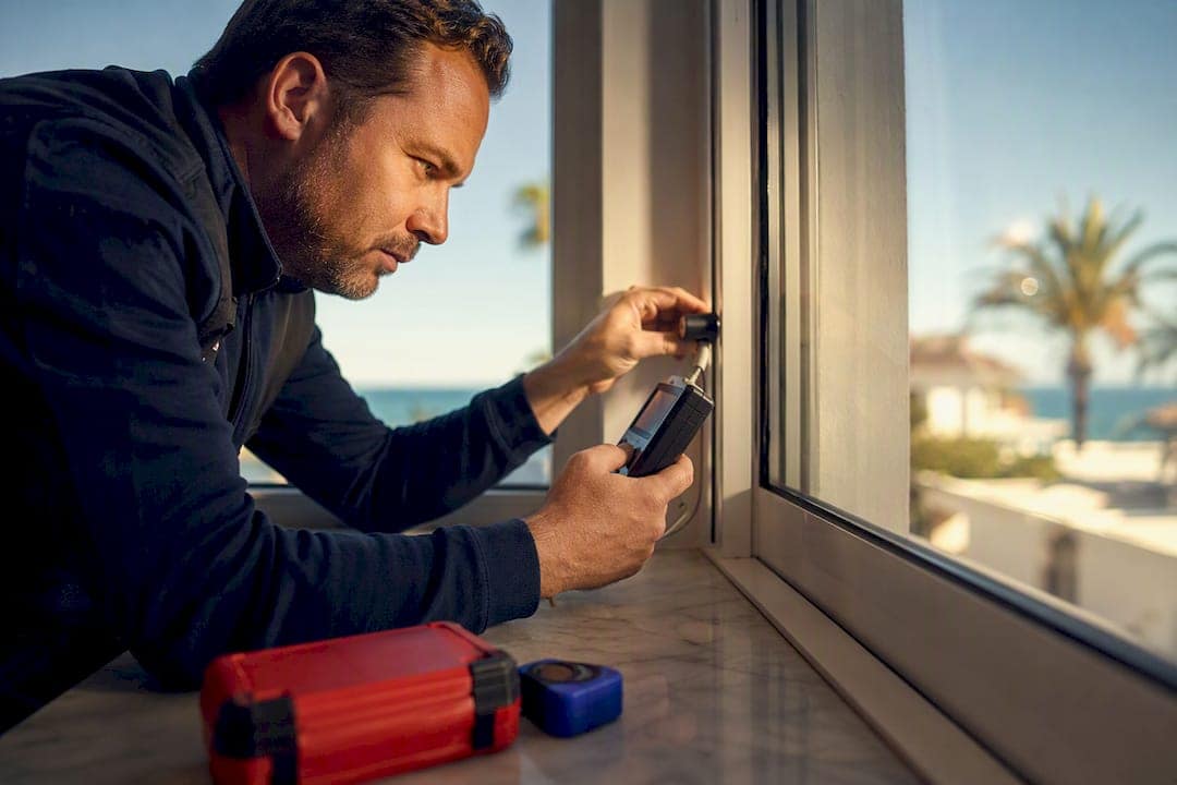 Technician inspecting Spanish property window efficiency